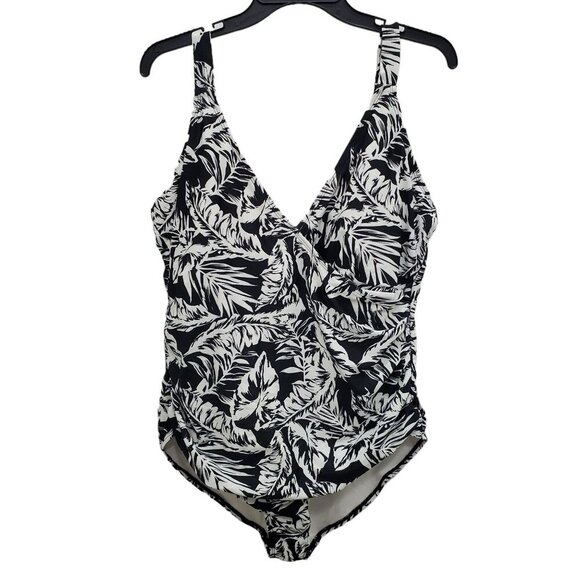 Anne Cole Woman's White Black Tropical Leaf Print One Piece Swimsuit Plus‎ Sz 16 - Picture 1 of 7
